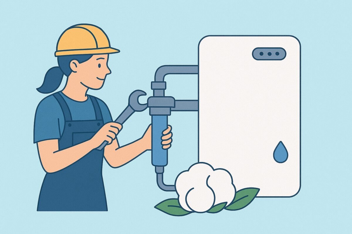 PP cotton household water purifier manufacturer — technician installing a purifier with wrench and cotton boll.