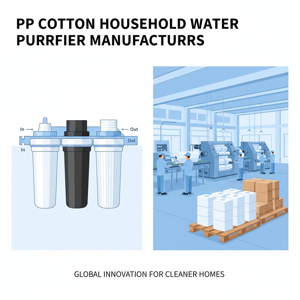 A clean, minimalist illustration showcasing the internal filtration system of a household water purifier. The image focuses on the core PP cotton and carbon filters, visually representing the high-quality products from pp cotton household water purifier manufacturers.