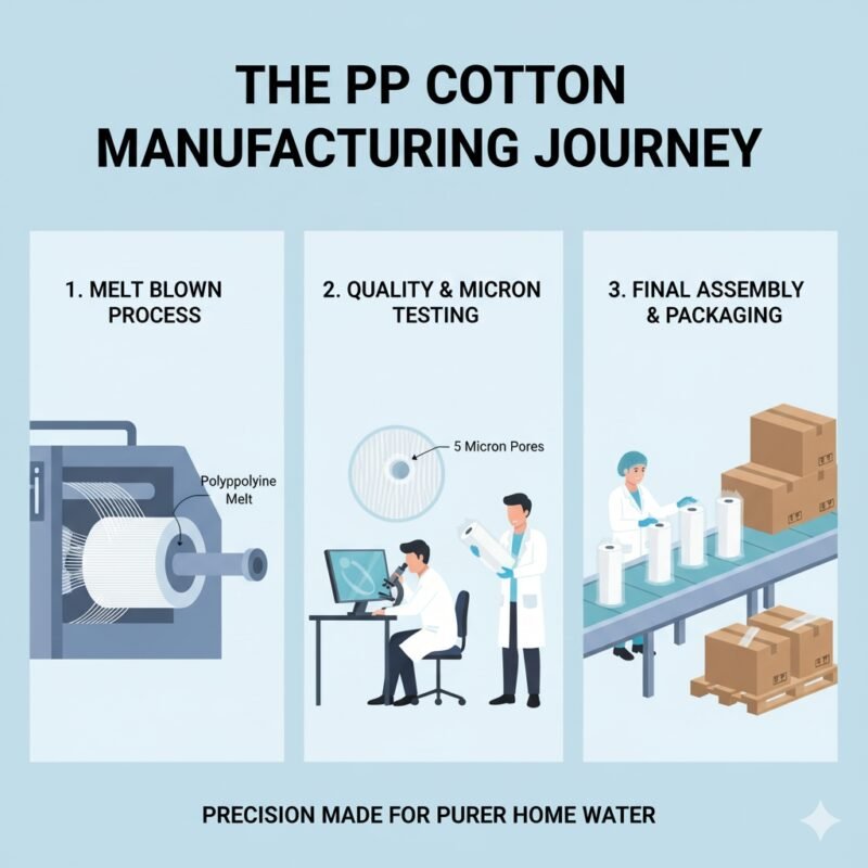 An infographic-style illustration that details the manufacturing process of PP cotton filters. A factory floor with machinery is visible in the background, emphasizing the advanced production capabilities of pp cotton household water purifier manufacturers and their commitment to clean water.