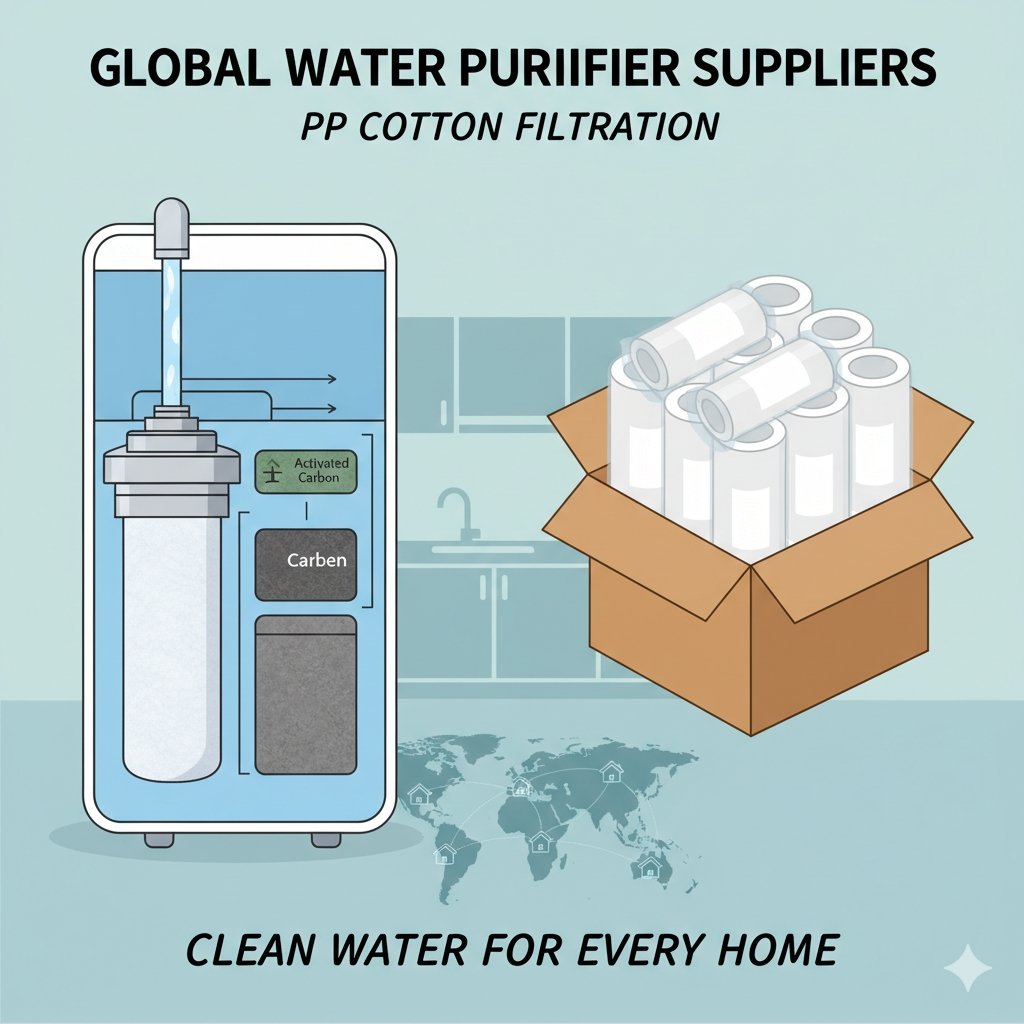 A clean and modern illustration of a PP cotton household water purifier, showcasing its internal filtration process with PP cotton and activated carbon filters. The image emphasizes the concept of "clean water for every home" and is ideal for blogs about pp cotton household water purifier suppliers.