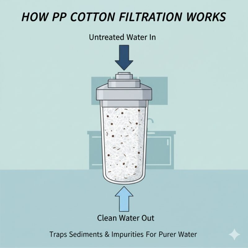 An illustrative infographic showing a cross-section of a home water purifier. A box of PP cotton filters is shown next to it, highlighting the role of these replaceable filters. This image is perfect for articles or product pages discussing the importance of high-quality filters from reliable pp cotton household water purifier suppliers.