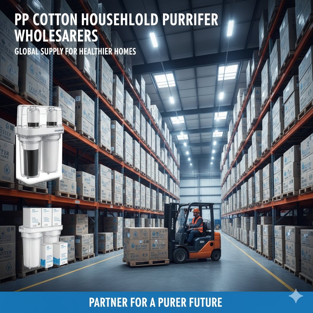 A visual representation of the bulk supply chain for water purification products. The image features a large pallet stack of boxes containing both completed household purifiers and loose pp cotton filters, clearly targeting the needs of wholesalers.
