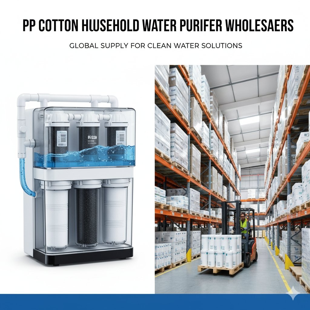 A clean and professional illustration showing a large warehouse full of neatly stacked boxes of household water purifiers and PP cotton filters. The image visually represents the concept of bulk supply and distribution from a trusted pp cotton household water purifier wholesalers.