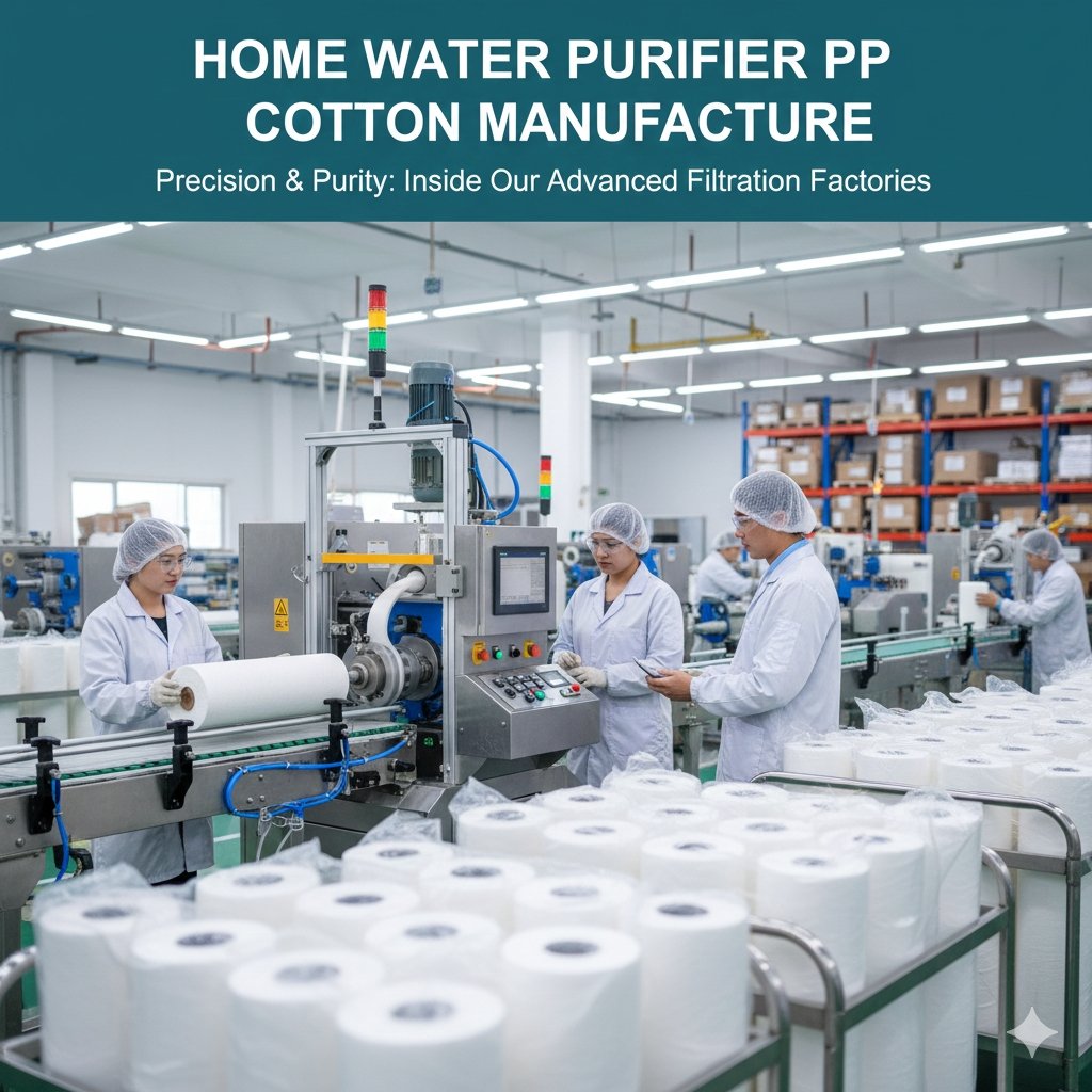 Home water purifier pp cotton manufacture scene, showing melt-blown machinery creating fine polypropylene fibers for high-quality sediment filters under strict quality control. Advanced production by a pp cotton household water purifier company.