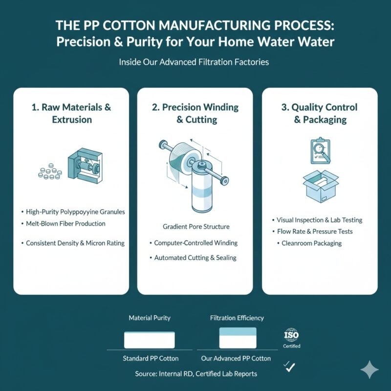 Close-up of freshly manufactured pp cotton household water purifier cartridges stacked in a clean room, emphasizing the smooth, consistent texture and quality of the filtration media. Manufacturing excellence from a pp cotton household water purifier company.