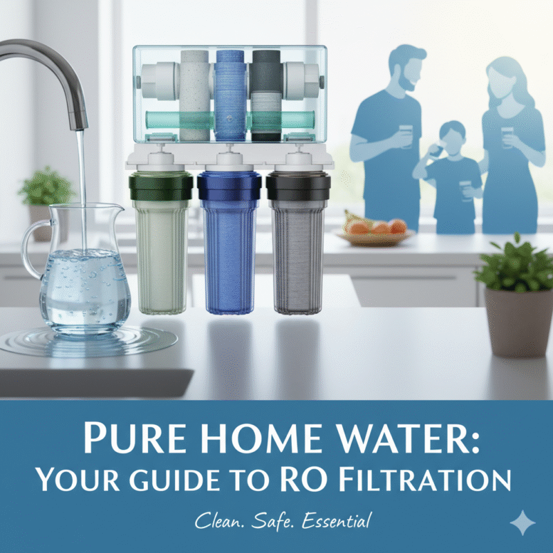 Home RO water filter system delivering clean water in a modern kitchen. Family enjoying pure drinking water. Best home water filter manufacturer solutions