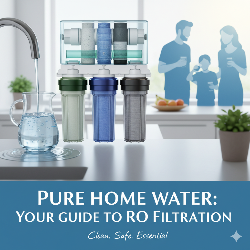 Home RO water filter system delivering clean water in a modern kitchen. Family enjoying pure drinking water. Best home water filter manufacturer solutions