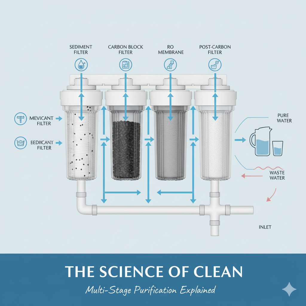Diagram of a multi-stage RO water filter for home. Explaining reverse osmosis process. Top home water filter manufacturer insights.