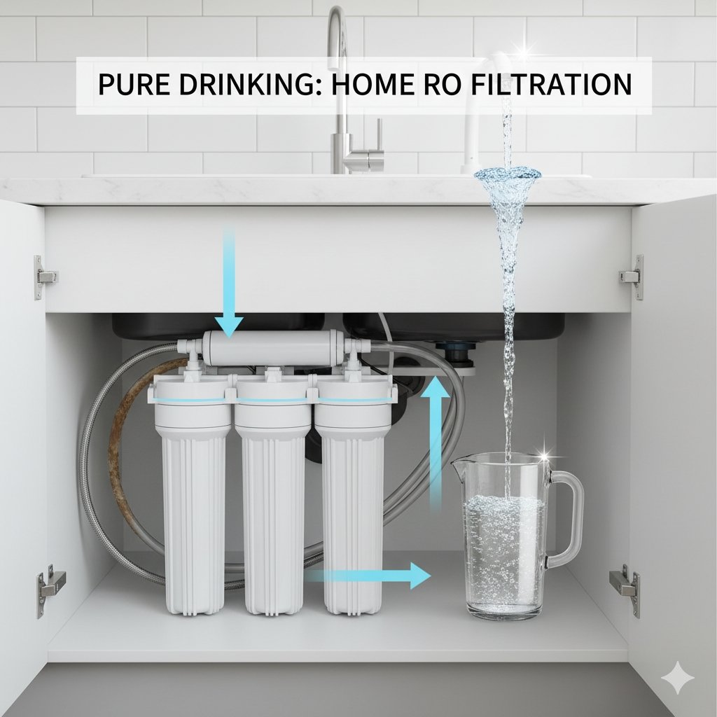 A close-up shot of a modern kitchen faucet dripping a single, perfect drop of water into a glass, with a blurred background showing a compact RO water filtration system for home installed discreetly under the sink. The image conveys purity and modern convenience.