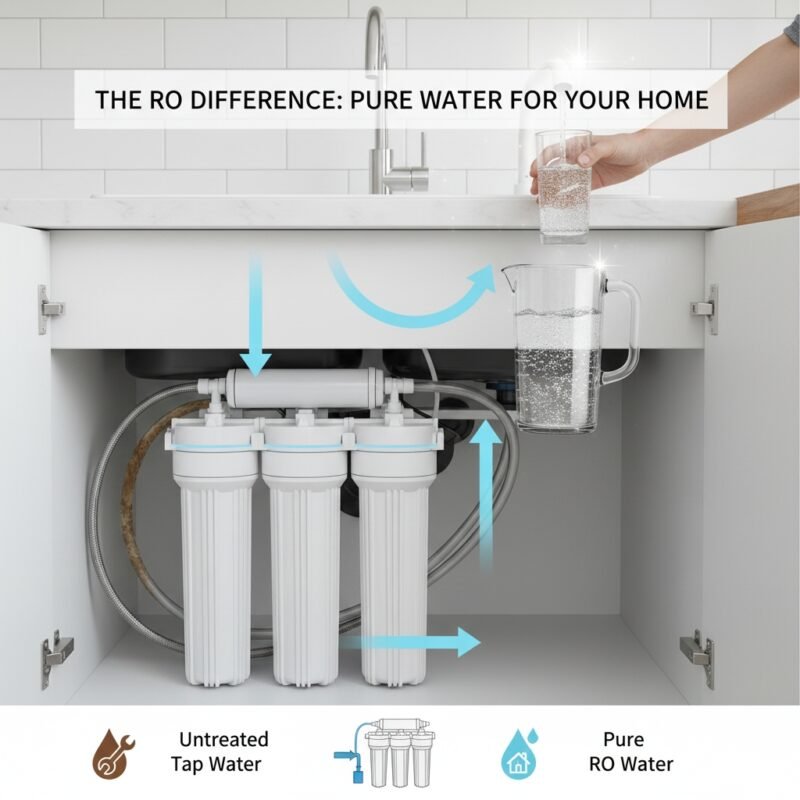 A close-up shot of a modern kitchen faucet dripping a single, perfect drop of water into a glass, with a blurred background showing a compact RO water filtration system for home installed discreetly under the sink. The image conveys purity and modern convenience.