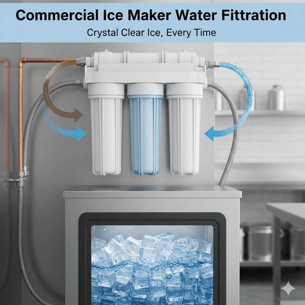 An illustrative diagram of a water filter system specifically designed for a commercial ice maker, with clean, clear ice cubes being produced on the right.