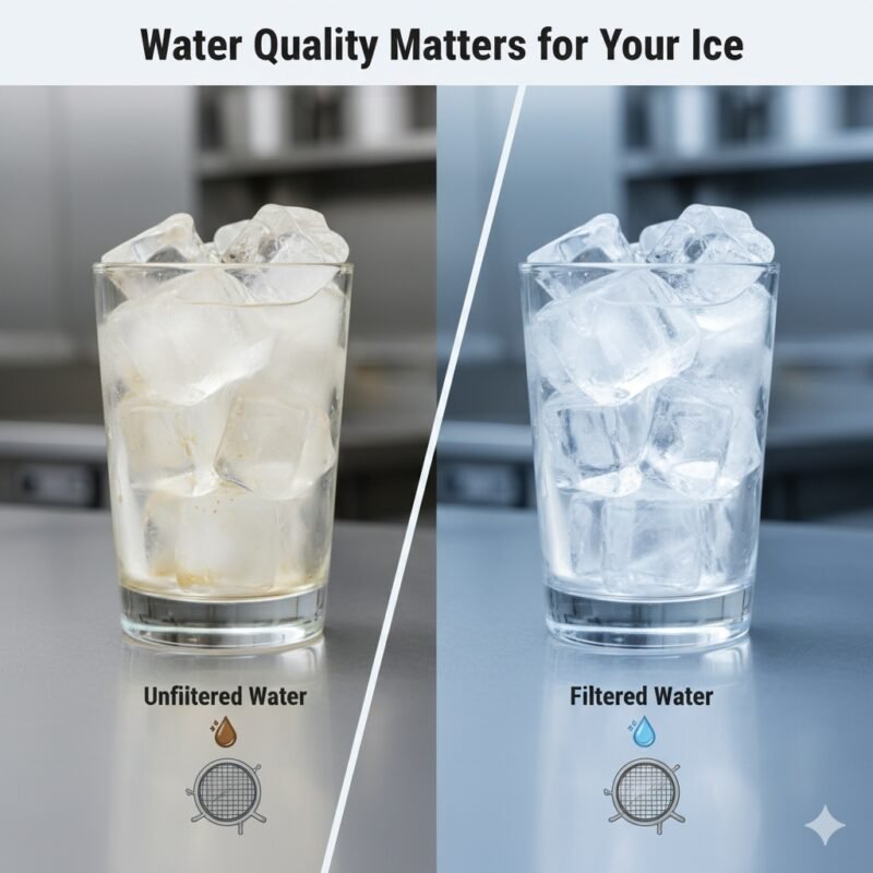 A close-up shot of a bucket of crystal-clear, uniform ice cubes, with a commercial ice maker and a water filter system visible in the background.