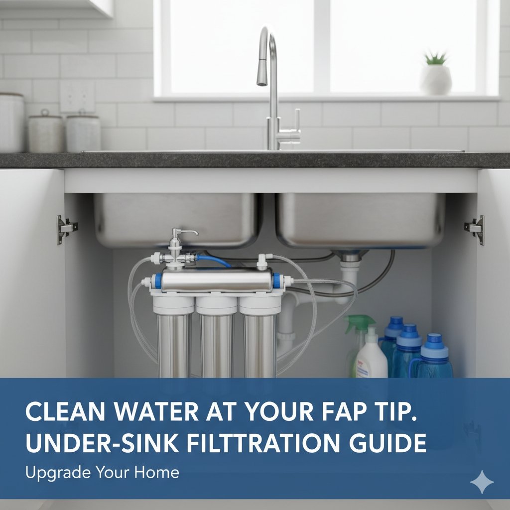 A modern kitchen with a high-quality water filter for under the sink, highlighting the benefits of clean, filtered drinking water.
