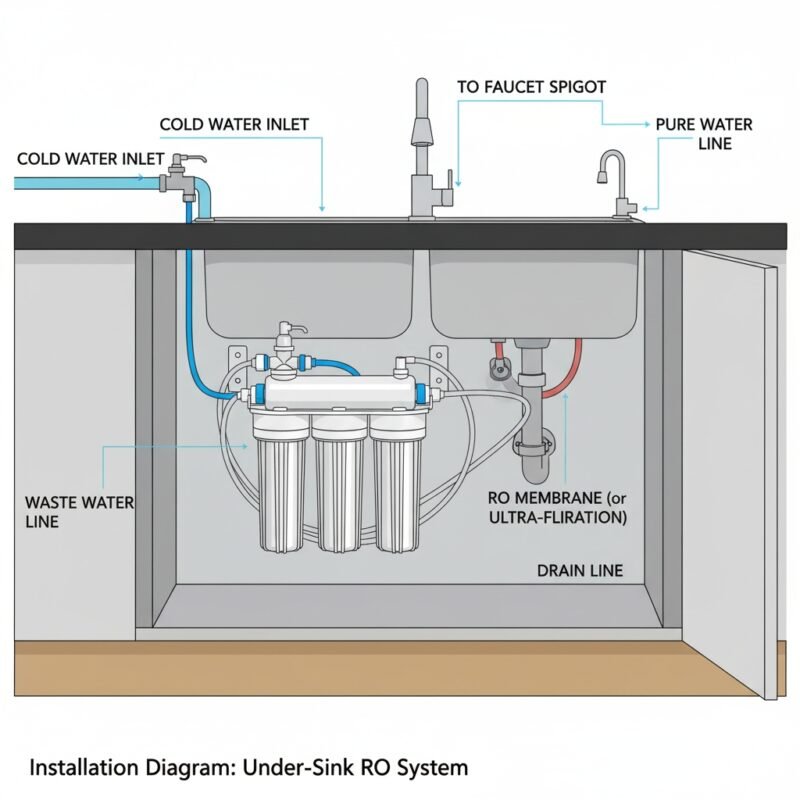 Detailed diagram of a reverse osmosis water filter for under the sink installation, showing system components and water lines for a DIY guide.