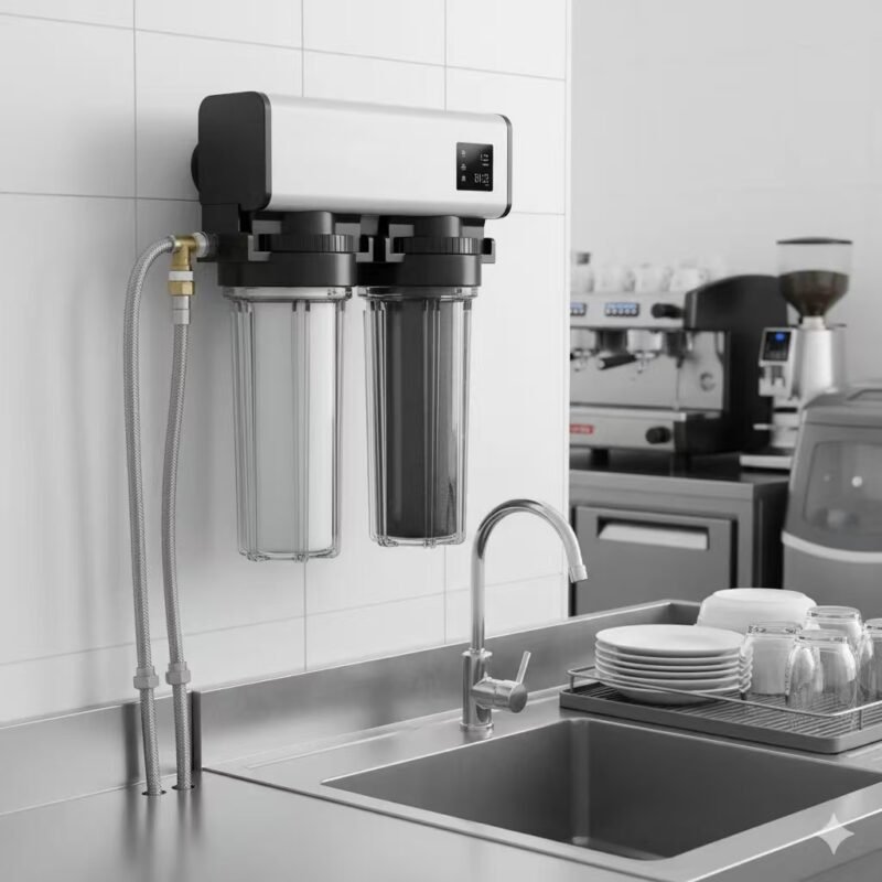 Compact wall-mounted water filter system suitable for small business and restaurant use, installed above a stainless steel kitchen sink with clean dishes and a coffee machine in the background. Illustrates an efficient water purification solution for commercial settings.