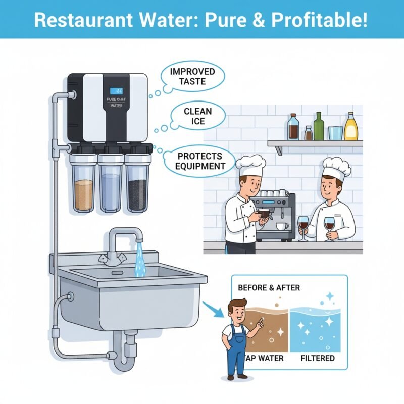 Cartoon illustration detailing a water filter system for business, specifically for small restaurants. Features a wall-mounted purifier connected to a kitchen sink, with callouts for improved taste, clean ice, and equipment protection. Shows chefs utilizing purified water and a 'before & after' water quality comparison, highlighting the commercial benefits of a filtration system.