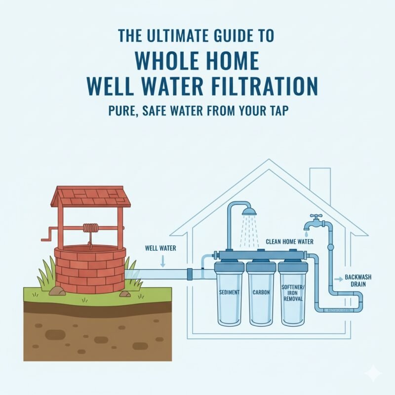 An internal blog illustration detailing the components of a whole home water filter for well water system. It shows a well, a well water pressure tank, and a multi-stage filter system (Sediment, Carbon, Softener/Iron Removal) processing water for home use, including a shower, washing machine, and sink, with a 'BACKWASH DRAIN' line.