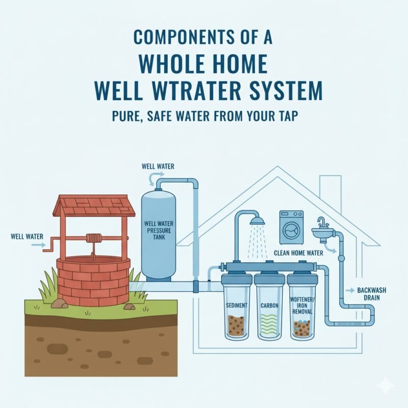 An internal blog illustration detailing the components of a whole home water filter for well water system. It shows a well, a well water pressure tank, and a multi-stage filter system (Sediment, Carbon, Softener/Iron Removal) processing water for home use, including a shower, washing machine, and sink, with a 'BACKWASH DRAIN' line.