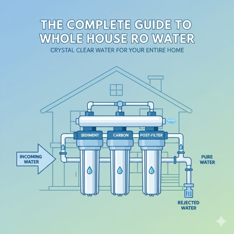 An illustration depicting a whole house RO water filter system installed within a home. The central focus is a three-stage filtration system labeled 'SEDIMENT', 'CARBON', and 'POST-FILTER'. An arrow indicates 'INCOMING WATER' flowing into the system, while 'PURE WATER' flows towards a faucet, and 'REJECTED WATER' is shown exiting through another pipe. The image is rendered in a clean blue and green line art style, with a subtle outline of a house in the background.