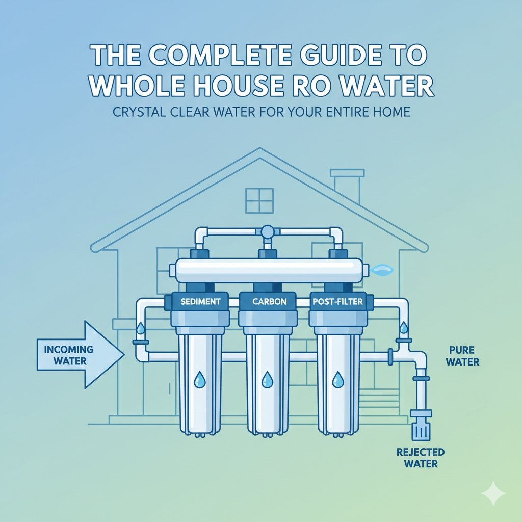 An illustration depicting a whole house RO water filter system installed within a home. The central focus is a three-stage filtration system labeled 'SEDIMENT', 'CARBON', and 'POST-FILTER'. An arrow indicates 'INCOMING WATER' flowing into the system, while 'PURE WATER' flows towards a faucet, and 'REJECTED WATER' is shown exiting through another pipe. The image is rendered in a clean blue and green line art style, with a subtle outline of a house in the background.