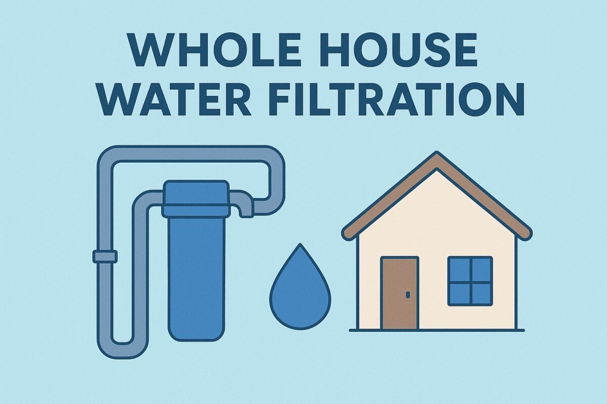 Whole house water filtration system illustration showing filter, pipes, and a house.