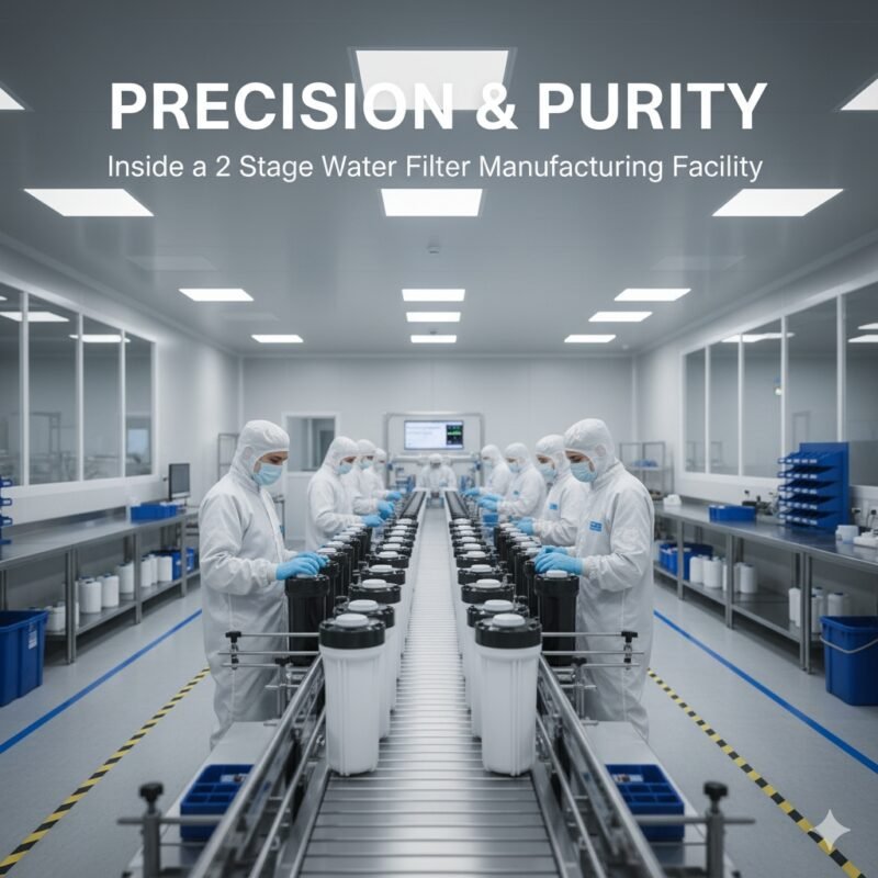 Realistic view of a clean 2 stage water filter manufacture assembly station. A worker in a hairnet and gloves manually loads a carbon block filter into the housing, emphasizing human oversight and precision in the manufacture process. This image captures the dedication to quality in producing a 2 stage water filter.