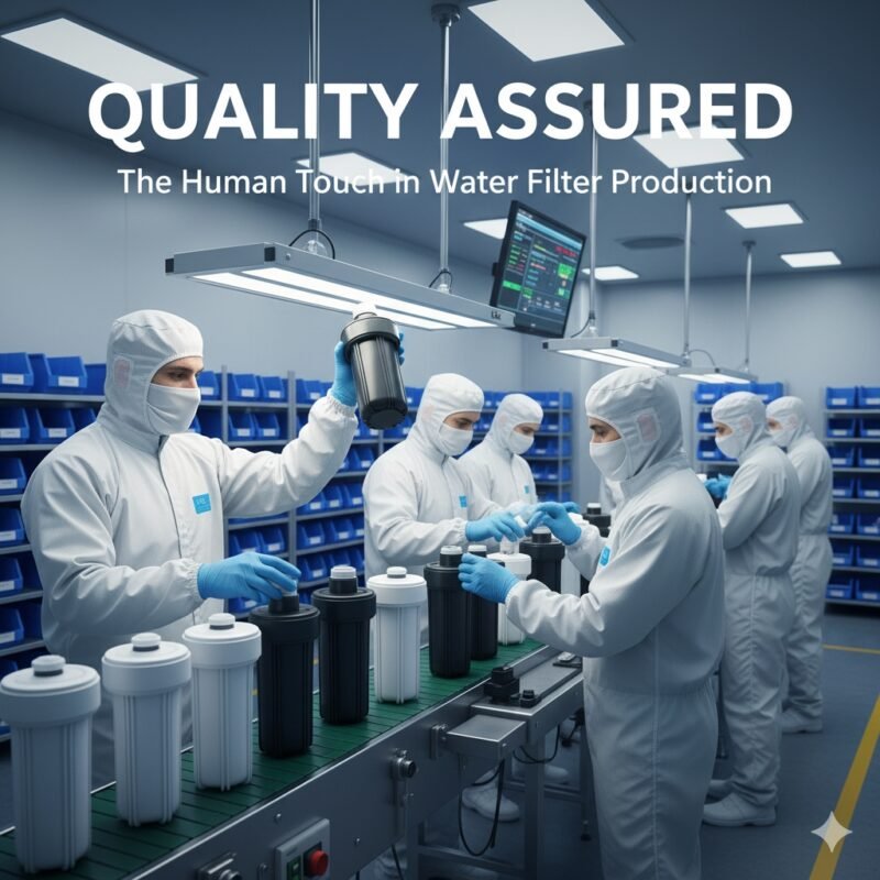 Detailed, non-exaggerated image from the 2 stage water filter manufacture facility floor. Filter components, including sediment and carbon cartridges, are stacked neatly in a sterile staging area, awaiting final assembly. This view emphasizes the organized and rigorous inventory management within the 2 stage water filter manufacture environment.