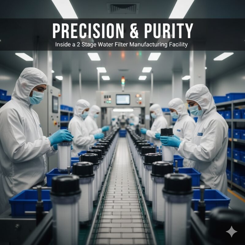 Realistic photograph of a technician performing quality control in a 2 stage water filter manufacture cleanroom. The technician is carefully inspecting a finished filter housing, highlighting the stringent human checks and precise standards implemented during the manufacture of a reliable 2 stage water filter system.