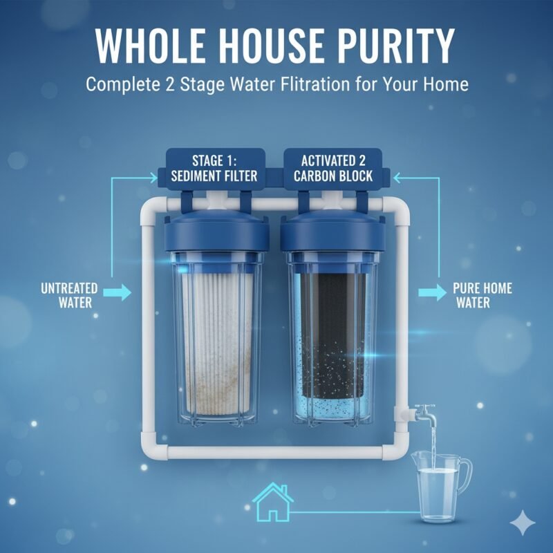 Blog cover showcasing a robust 2 stage water filter whole house system installed near a home’s main water line. The image features two large blue filter housings, symbolizing high capacity and flow rate, essential for whole house coverage. This visually emphasizes comprehensive, clean water for the entire residence.