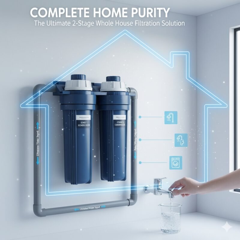 Close-up of a simplified 2 stage water filter whole house system, featuring two large blue filter containers mounted on a wall. The design visually represents high-volume, continuous flow for whole house water treatment, highlighting the dual sediment and carbon filtration used to deliver clean water throughout the home.