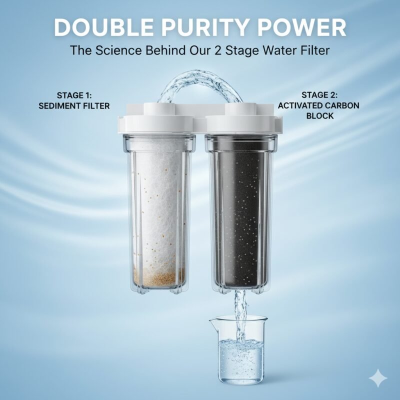 Visually clean 2 stage water filter system graphic for a blog cover. The illustration shows a clear housing with two filters inside (sediment and carbon), demonstrating the water flow through Stage 1 and Stage 2 purification for high-quality, safe drinking water. This highlights the effectiveness of a 2 stage water filter.