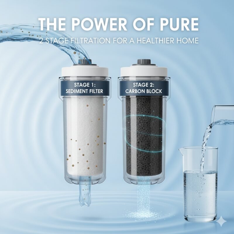 Blog cover highlighting a 2 stage water filter system. The image displays two distinct filter cartridges: one white sediment filter and one black carbon block filter, with water flowing through them. This visual effectively illustrates the sequential purification process of a 2 stage water filter, crucial for cleaner, healthier drinking water.
