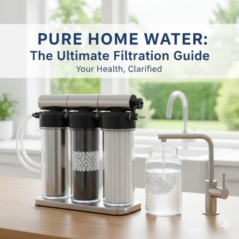 Detailed illustration of a modern, multi-stage water filtration system on a kitchen counter, delivering clean water into a glass beaker from a stylish faucet. This visual guide from a pp cotton household water purifier company helps identify the best water filter system for home, highlighting pure water benefits and advanced filtration technology for better health.