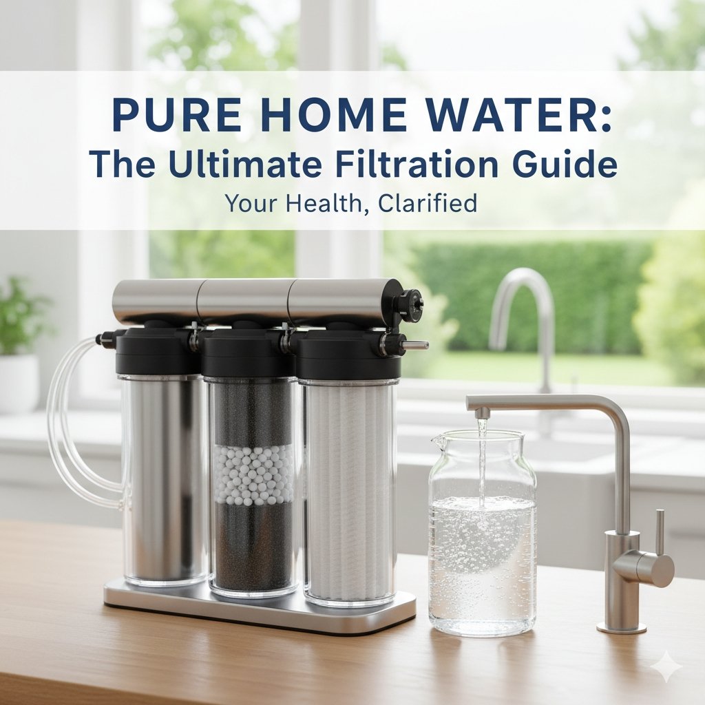 Detailed illustration of a modern, multi-stage water filtration system on a kitchen counter, delivering clean water into a glass beaker from a stylish faucet. This visual guide from a pp cotton household water purifier company helps identify the best water filter system for home, highlighting pure water benefits and advanced filtration technology for better health.