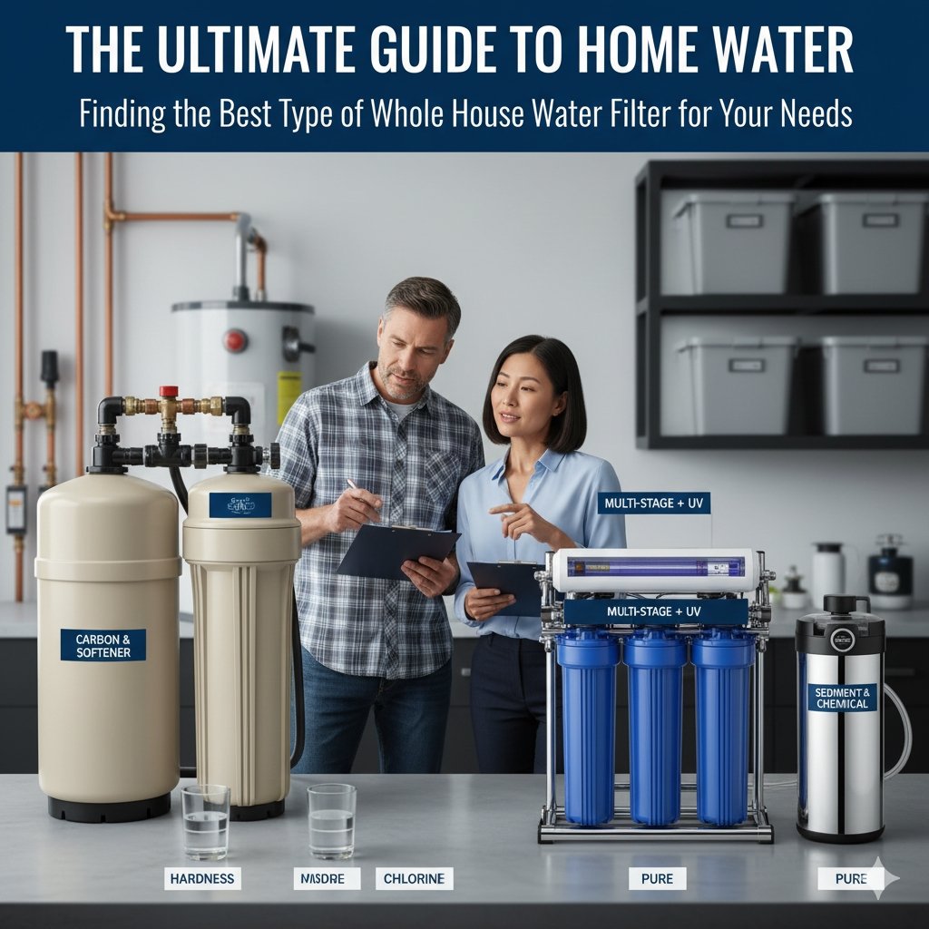 Comparison table highlighting the best type of whole house water filter for different home needs, focusing on sediment, carbon, and specialized systems from a pp cotton household water purifier company.