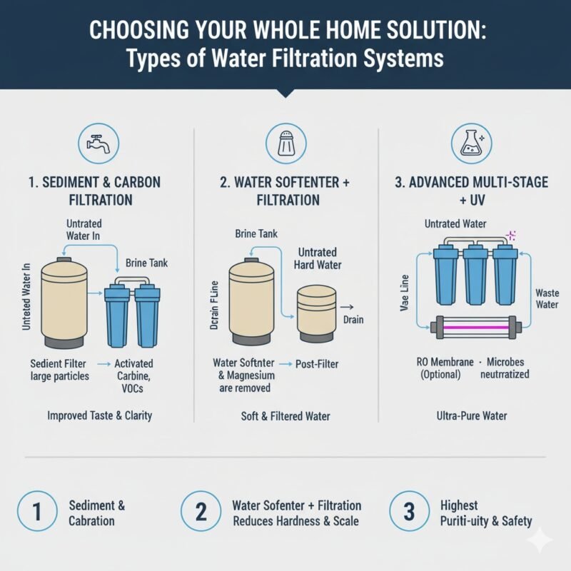 Diagram showing the installation and function of the best type of whole house water filter carbon filtration vs. water softener), demonstrating the whole-home clean water solution provided by a pp cotton household water purifier company.