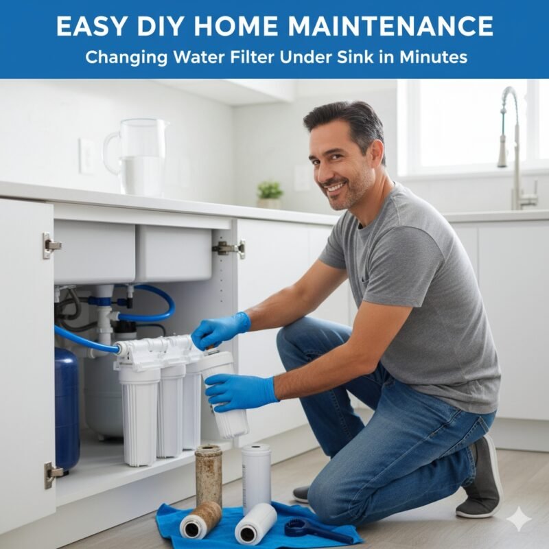 DIY guide on changing water filter under sink, showing the easy twist-and-lock method for quick replacement, an essential maintenance tip for pp cotton household water purifier company users.