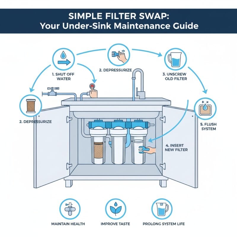 Close-up view of an old filter being removed and a new one being inserted, detailing the process of changing water filter under sink for optimal performance of a pp cotton household water purifier company system.