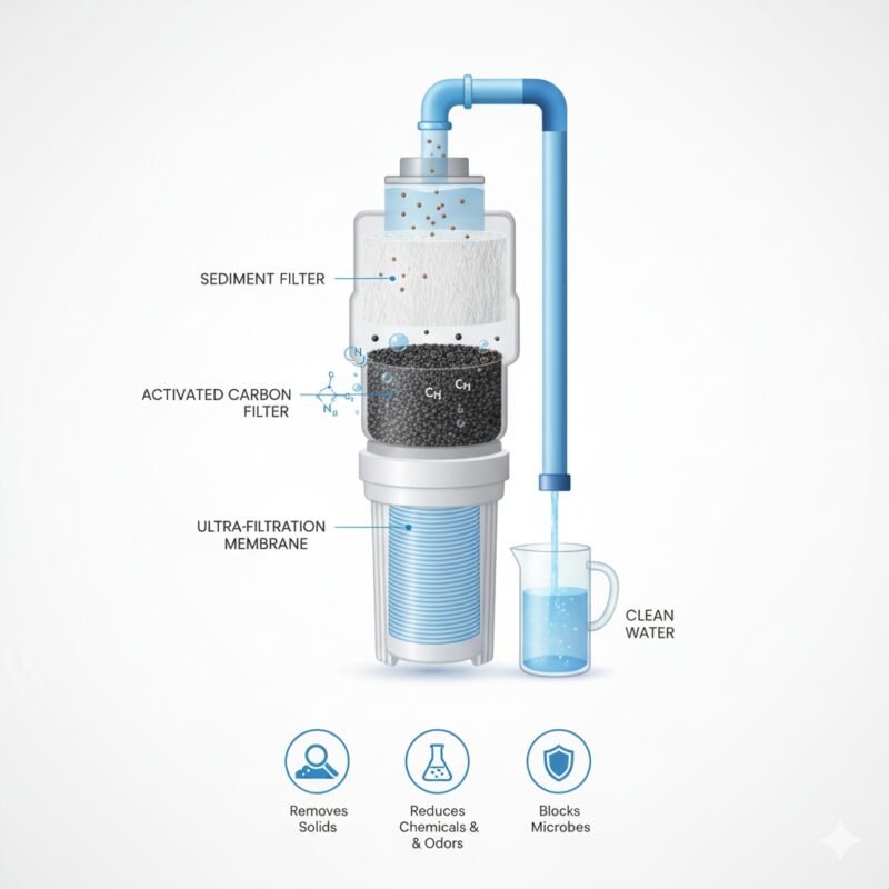 Visual guide illustrating the different components and setup required for a whole house water filter system, helping homeowners estimate the variable cost of whole house water filtration** based on system type and installation complexity.