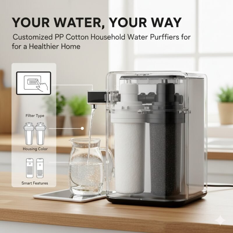 Blog cover: A modular customized pp cotton household water purifier system displayed on a kitchen counter, showing interchangeable filter cartridges (PP cotton, carbon) to suit specific home water needs. This image highlights the flexibility and tailored approach of a customized pp cotton household water purifier.