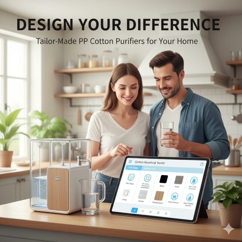 Illustration for a blog post: A homeowner is shown easily selecting and inserting different filter cartridges into a customized pp cotton household water purifier unit. The visual emphasizes the user-friendly nature and personalization aspect of selecting the right pp cotton and other filters for a household water purifier.