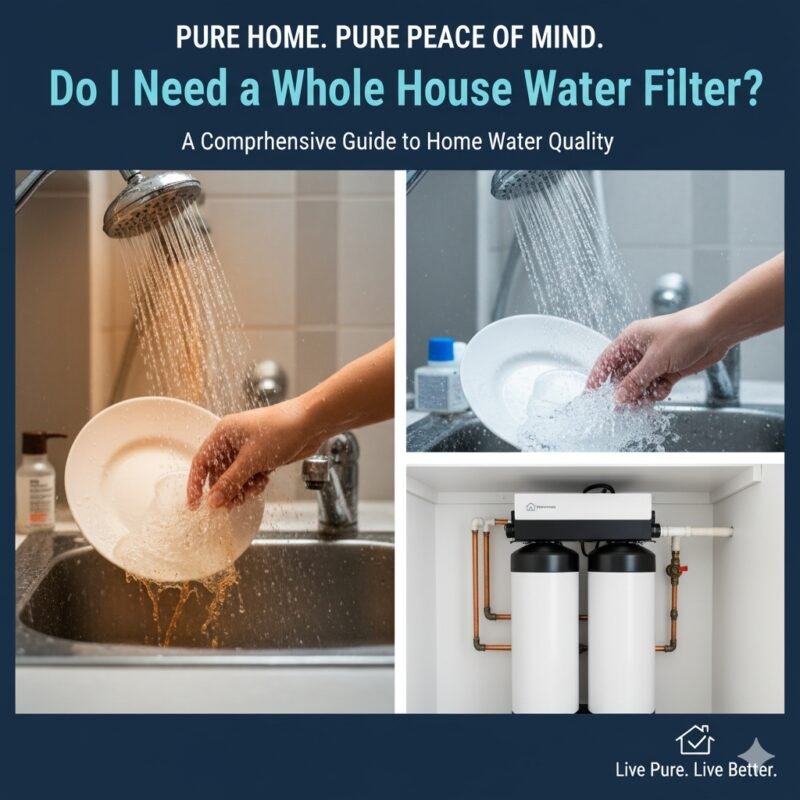 A home bathroom scene showing the visible benefits of whole-house filtration: a clean, spot-free showerhead and bright laundry. This visual prompts the user to consider, 'do i need a whole house water filter,' illustrating the advantages beyond drinking water, as promoted by a pp cotton household water purifier company for total home water protection.