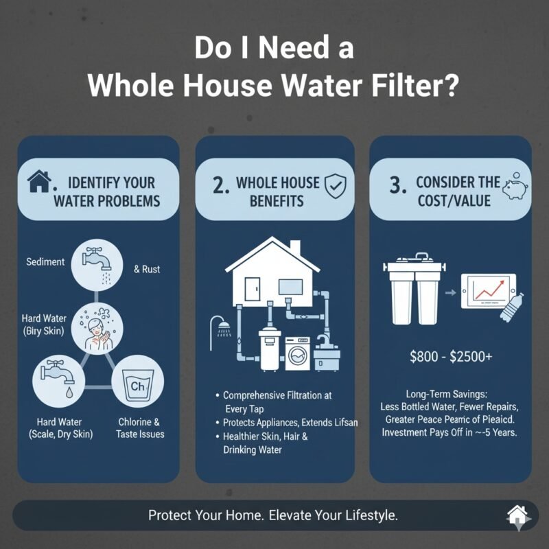 A simple infographic showing a house outline with arrows pointing to multiple usage points (kitchen sink, shower, washing machine) all flowing from a single, large whole-house filter unit near the main water line. This diagram helps answer, 'do i need a whole house water filter,' by showcasing comprehensive protection across the entire property, a solution provided by a pp cotton household water purifier company.