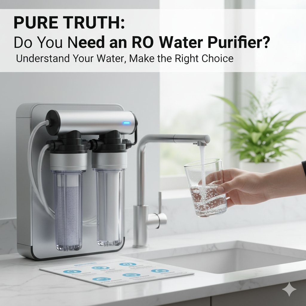 A visual comparison between a clear glass of tap water and a glass of sparkling, purified water, with an RO (Reverse Osmosis) system subtly visible in the background. The image addresses the question, 'do i need ro water purifier?' and is provided by a pp cotton household water purifier company, focusing on water quality concerns like TDS and contaminants.