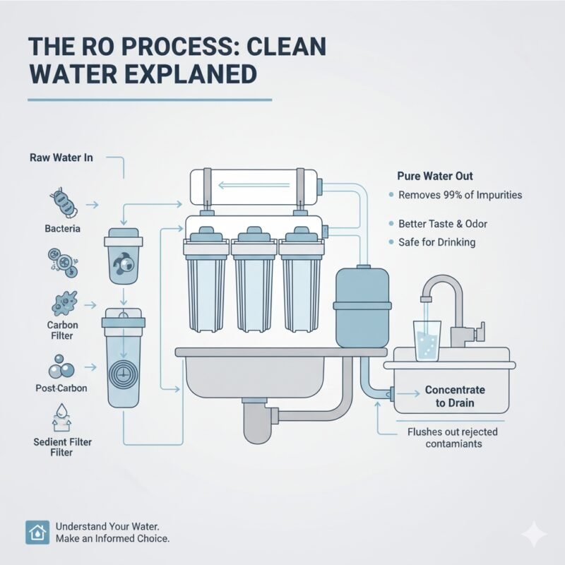 A simple diagram illustrating the process of Reverse Osmosis (RO) filtration, showing water flowing through a membrane and separating contaminants into a drain, while purified water collects. This illustration helps readers understand the technology to decide, 'do i need ro water purifier?' and highlights the advanced purification stages offered by a pp cotton household water purifier company.