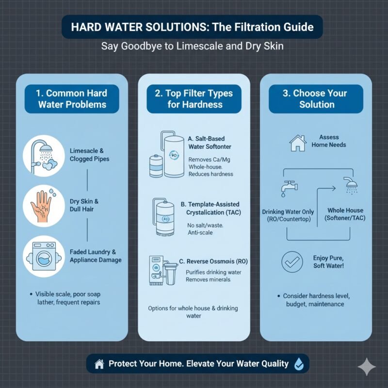 A visual comparison of two faucets: one covered in white mineral scale from hard water, and one sparkling clean after filtration/softening. The contrast highlights the necessity and effectiveness of 'filters for hard water,' explaining the role of specific media (beyond initial pp cotton filtration) in reducing limescale buildup, a solution provided by a pp cotton household water purifier company.