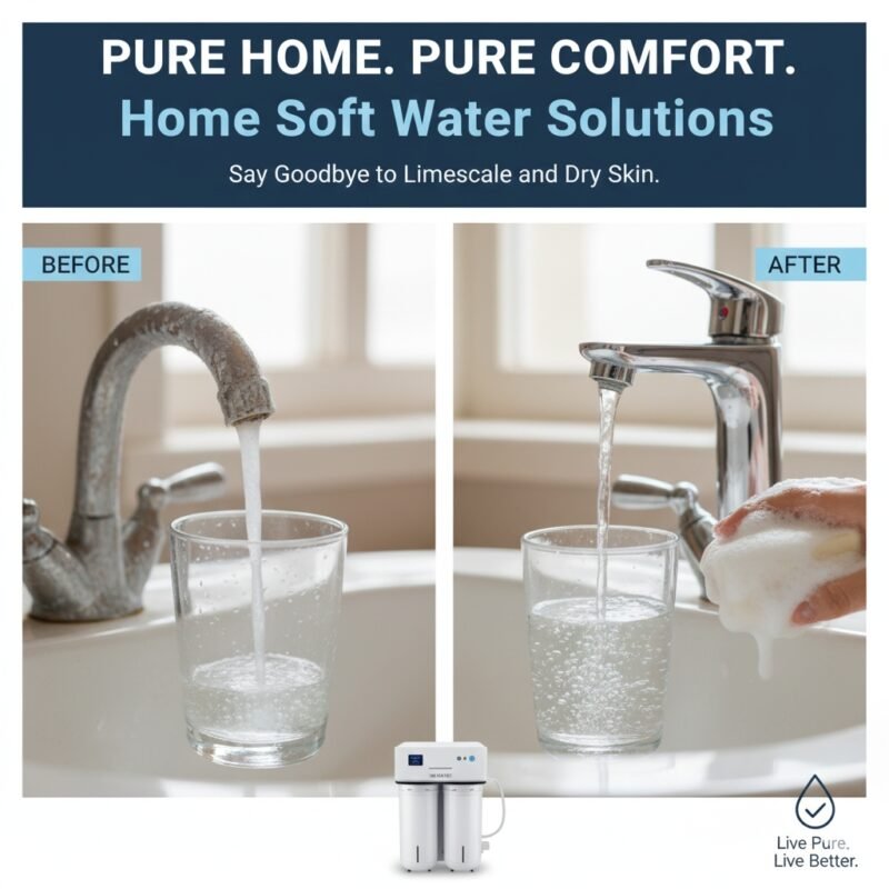 A modern laundry room with bright, soft towels stacked next to a compact whole-house water softening unit, illustrating the benefits of 'home soft water solutions.' The image shows the system, which typically includes a pre-sediment filter (like pp cotton), providing superior water quality for appliances and clothing, a service offered by a pp cotton household water purifier company.