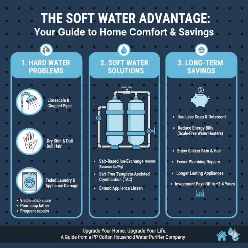 An infographic contrasting the positive impacts of soft water (longer appliance life, less soap needed, clearer skin) with the problems caused by hard water (scale, residue). This visual promotes 'home soft water solutions,' detailing the value proposition of a combined filtration and softening system, available through a pp cotton household water purifier company that prioritizes initial pp cotton filtration.