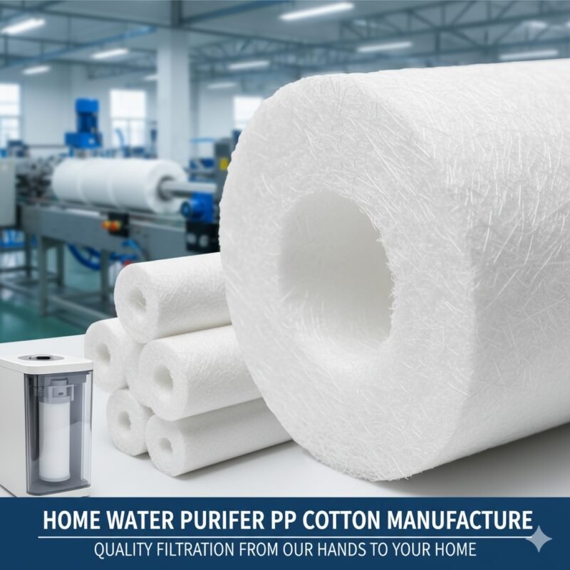 Home water purifier pp cotton manufacture image highlighting the production quality of PP sediment filters. Essential cover for a pp cotton household water purifier company blog detailing the precise manufacturing process for first-stage filtration.