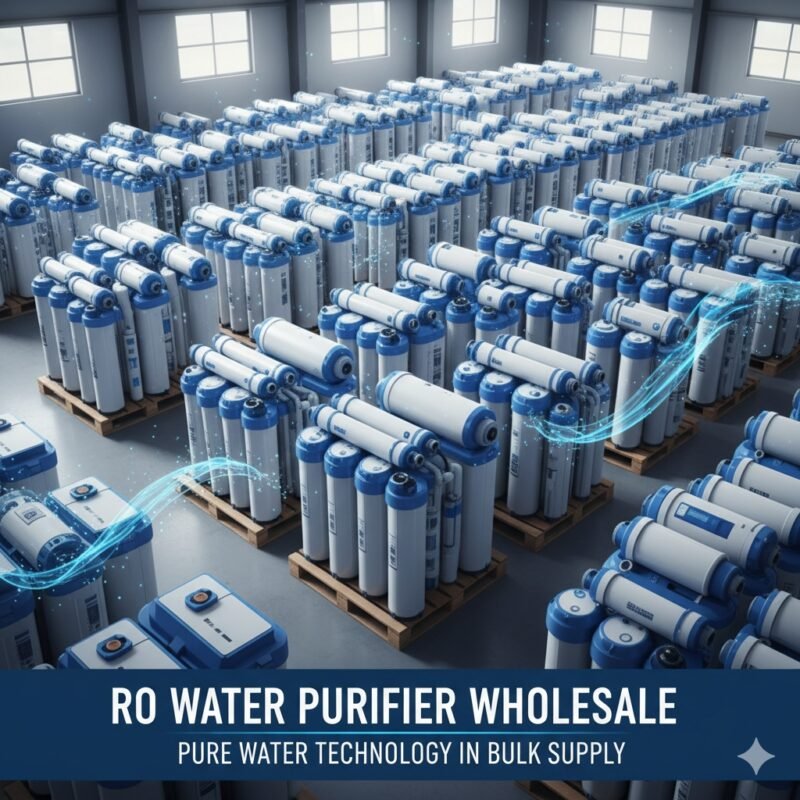 RO water purifier wholesale image featuring a bulk supply of brandless RO systems and components. Excellent representation for a pp cotton household water purifier company focusing on distributing high-volume, reliable reverse osmosis units.